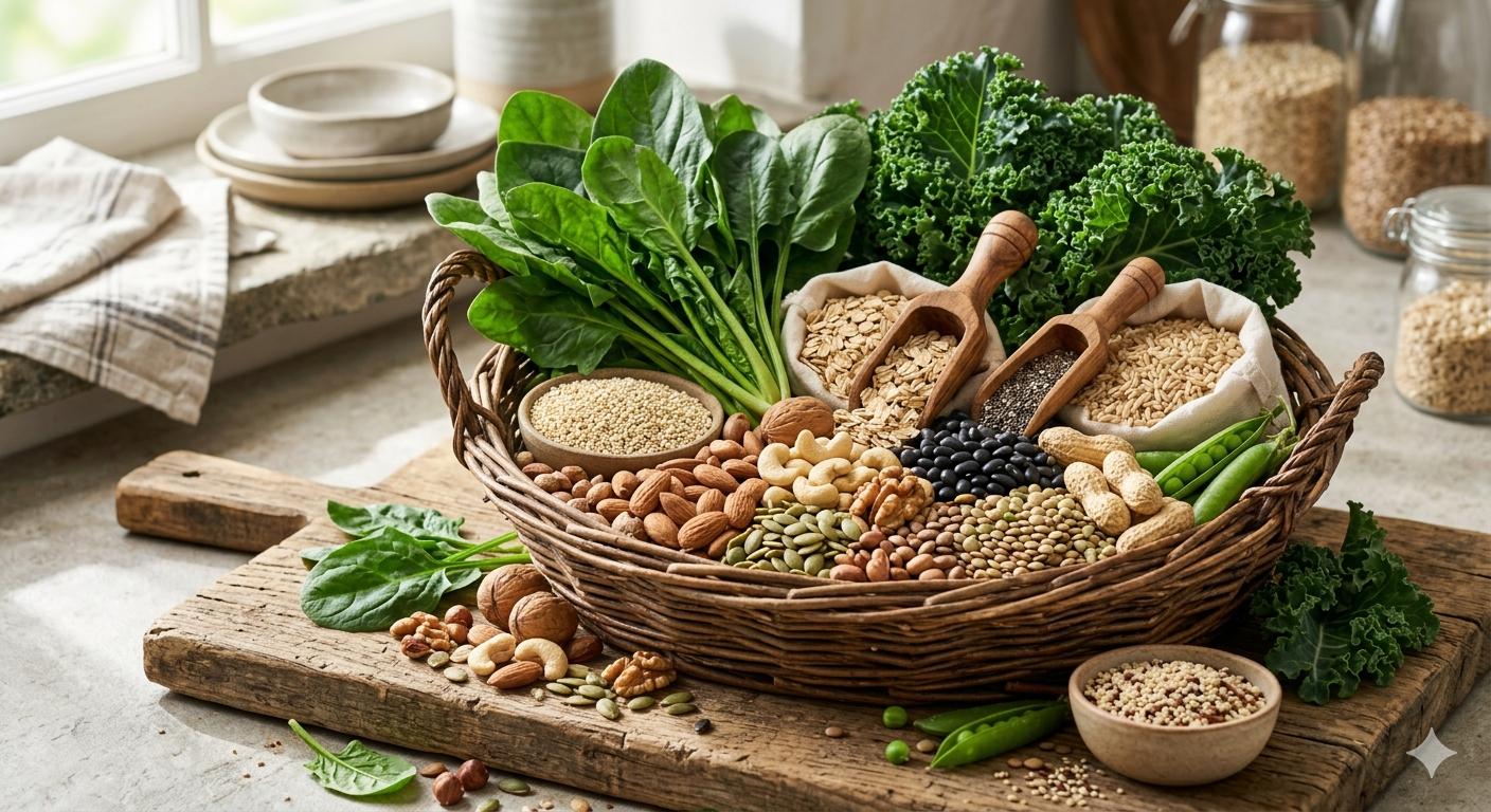 Basket of magnesium-rich foods including leafy greens, grains, nuts, seeds, and legumes